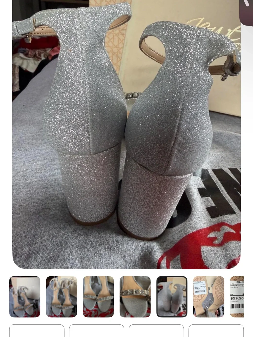 Badgley Mischka Silver Glitter Ankle-Strap Block Heels with Jeweled Toe Strap